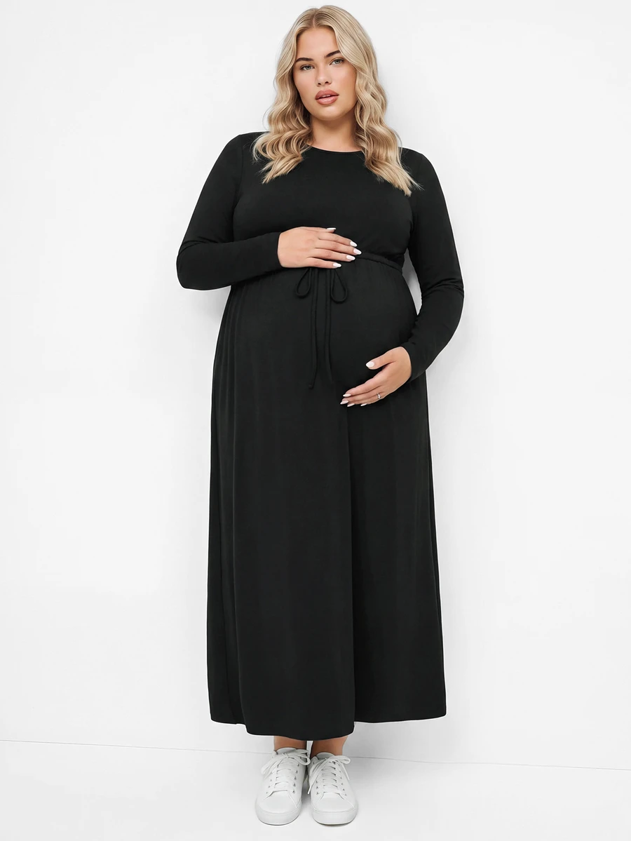 Plussiva Plus Size Maternity Casual Baggy Elegant Solid Color Dress, Autumn Fall Photoshoot Black - Black - View 1