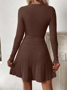 SHEIN 女士纯色圆领长袖休闲针织连衣裙，秋季 - 咖啡棕 - 查看 2
