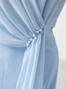 SHEIN 女士新款V领优雅长款无袖连衣裙，派对礼服，约会礼服 - 藍色 - 查看 5