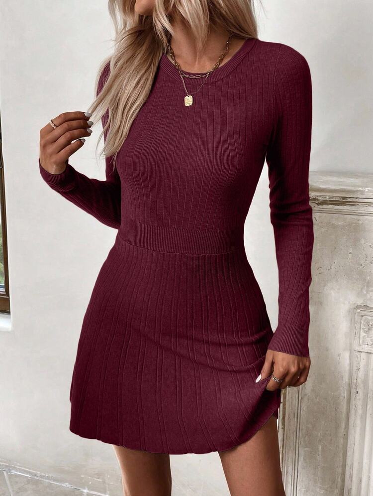 SHEIN Women's Solid Color Minimalist Long Sleeve Sweater Dress, Everyday Wear, Christmas - Burgundy - View 6