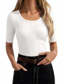 SHEIN Women's Casual Solid Color Short Sleeve T-Shirt, Versatile For Summer - White - View 4
