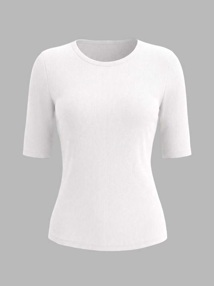 SHEIN Women's Casual Solid Color Short Sleeve T-Shirt, Versatile For Summer - White - View 5