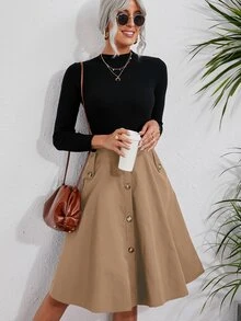 SHEIN 纯色单排扣喇叭裙，女士优雅纽扣，口袋及膝长度宽松高腰卡其色纯色女式裙子，春/秋，休闲日常穿着 - 卡其色 - 查看 4