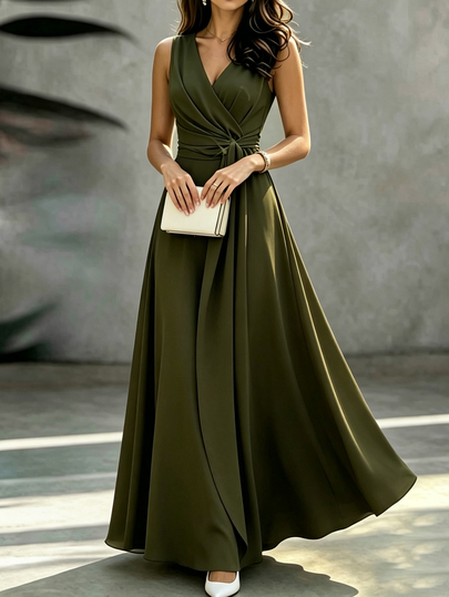 SHEIN Gaun Panjang Tanpa Lengan Elegan Model V-Neck Terbaru untuk Wanita, Gaun Pesta, Gaun Kencan,