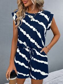 SHEIN Summer Casual Striped Color Block Sleeveless Jumpsuit With Elastic Waist - Blue - View 6