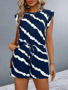 SHEIN Summer Casual Striped Color Block Sleeveless Jumpsuit With Elastic Waist - Blue - View 4