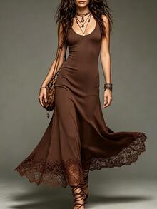 SHEIN Women's Solid Color Pleated Elegant Cinched Waist Party Dress - Coffee - View 10