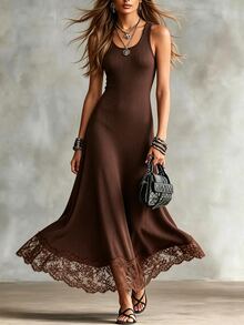 SHEIN Women's Solid Color Pleated Elegant Cinched Waist Party Dress - Coffee - View 8