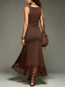 SHEIN Women's Solid Color Pleated Elegant Cinched Waist Party Dress - Coffee - View 3