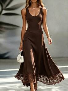 SHEIN Women's Solid Color Pleated Elegant Cinched Waist Party Dress - Coffee - View 6