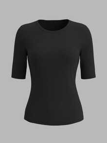 SHEIN Women's Solid Color Crew Neck Ribbed Fitted Casual Basic T-Shirt Office Black Summer - Black - View 2