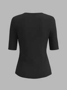 SHEIN Women's Solid Color Crew Neck Ribbed Fitted Casual Basic T-Shirt Office Black Summer - Black - View 6