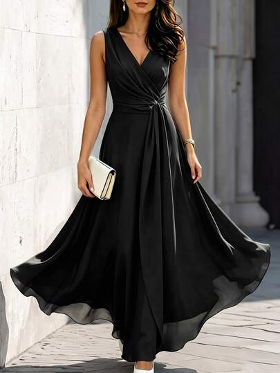 SHEIN Women's New V-Neck Elegant Long Sleeveless Dress, Party Dress, Date Dress,