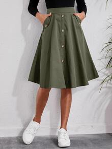SHEIN Solid Single Breasted Flare Skirt - Army Green - View 7