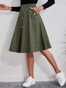 SHEIN Solid Single Breasted Flare Skirt - Army Green - View 8