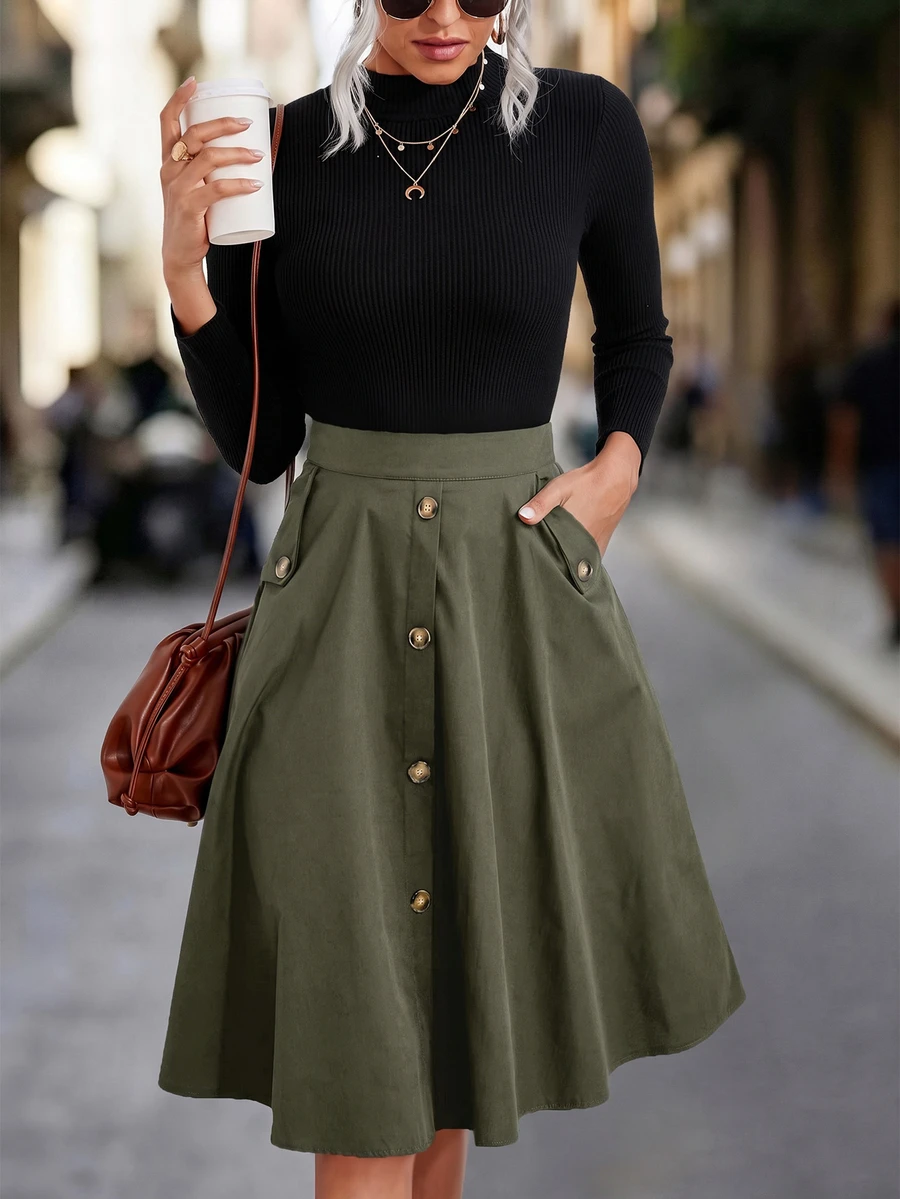 SHEIN Solid Single Breasted Flare Skirt - Army Green - View 1