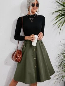 SHEIN Solid Single Breasted Flare Skirt - Army Green - View 4