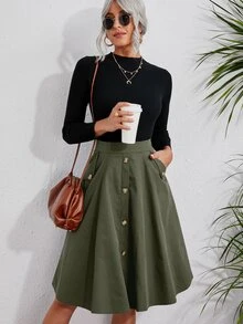 SHEIN Solid Single Breasted Flare Skirt - Army Green - View 5