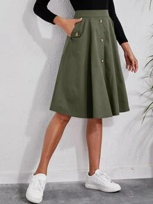 SHEIN Solid Single Breasted Flare Skirt - Army Green - View 6
