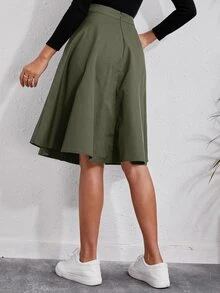 SHEIN Solid Single Breasted Flare Skirt - Army Green - View 2