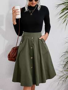 SHEIN Solid Single Breasted Flare Skirt - Army Green - View 3