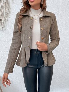 SHEIN Herringbone Peplum Hem Coat Fall Winter Cloth For Women - Brown - View 6