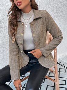 SHEIN Herringbone Peplum Hem Coat Fall Winter Cloth For Women - Brown - View 7