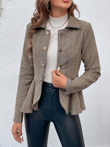 SHEIN Herringbone Peplum Hem Coat Fall Winter Cloth For Women - Brown - View 4