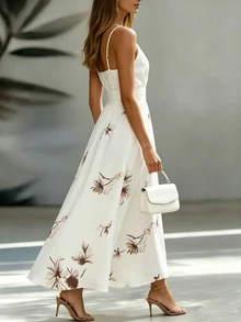 SHEIN Women White Floral Summer Boho Holiday Vacation Dress,V-Neck Halter Top,Fitted Waist, A-Line Printed Flared Silhouette,Versatile Casual Wear - White - View 9