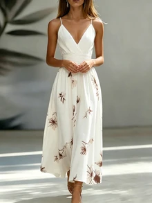 SHEIN Women White Floral Summer Boho Holiday Vacation Dress,V-Neck Halter Top,Fitted Waist, A-Line Printed Flared Silhouette,Versatile Casual Wear - White - View 8