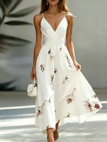 SHEIN Women White Floral Summer Boho Holiday Vacation Dress,V-Neck Halter Top,Fitted Waist, A-Line Printed Flared Silhouette,Versatile Casual Wear - White - View 7