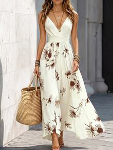 SHEIN Women White Floral Summer Boho Holiday Vacation Dress,V-Neck Halter Top,Fitted Waist, A-Line Printed Flared Silhouette,Versatile Casual Wear - White - View 2