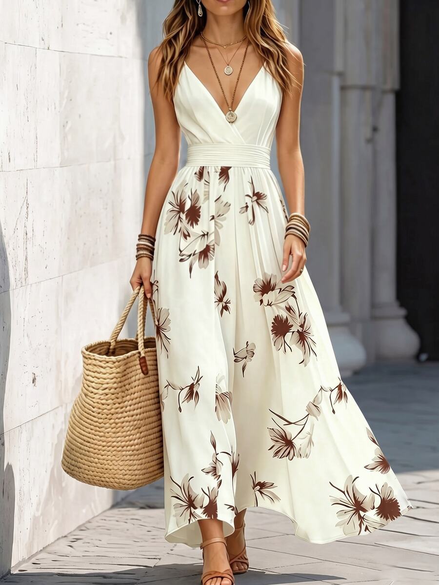 SHEIN Women White Floral Summer Boho Holiday Vacation Dress,V-Neck Halter Top,Fitted Waist, A-Line Printed Flared Silhouette,Versatile Casual Wear
