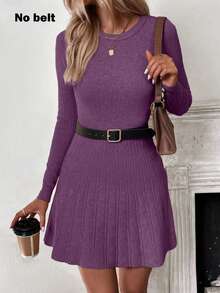 SHEIN Vestido de suéter de cuello redondo de unicolor y manga larga para mujer, informal - Morado Violeta - Ver 3