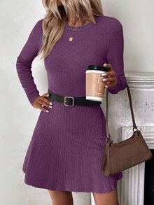 SHEIN Vestido de suéter de cuello redondo de unicolor y manga larga para mujer, informal - Morado Violeta - Ver 5