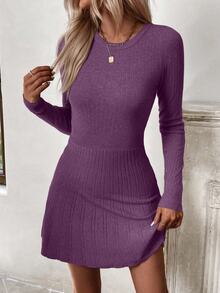 SHEIN Vestido de suéter de cuello redondo de unicolor y manga larga para mujer, informal - Morado Violeta - Ver 6