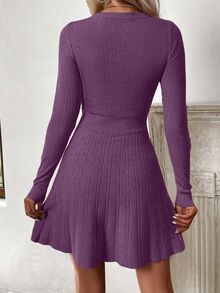 SHEIN Vestido de suéter de cuello redondo de unicolor y manga larga para mujer, informal - Morado Violeta - Ver 2