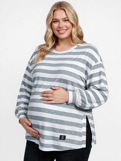 Plussiva Camiseta casual de manga larga con cuello redondo y rayas para mujeres embarazadas de talla grande