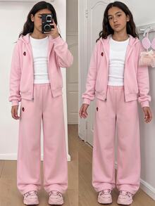 SHEIN 青少年女孩長袖秋季套裝，休閒時尚針織抓絨內裡連帽拉鍊短款衛衣與針織長褲 2 件組 - 粉色 - 查看 1
