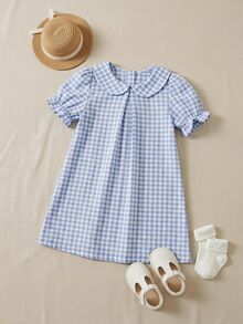 SHEIN 年轻女孩春夏格纹编织领蝴蝶结连衣裙 - 藍白色 - 查看 1