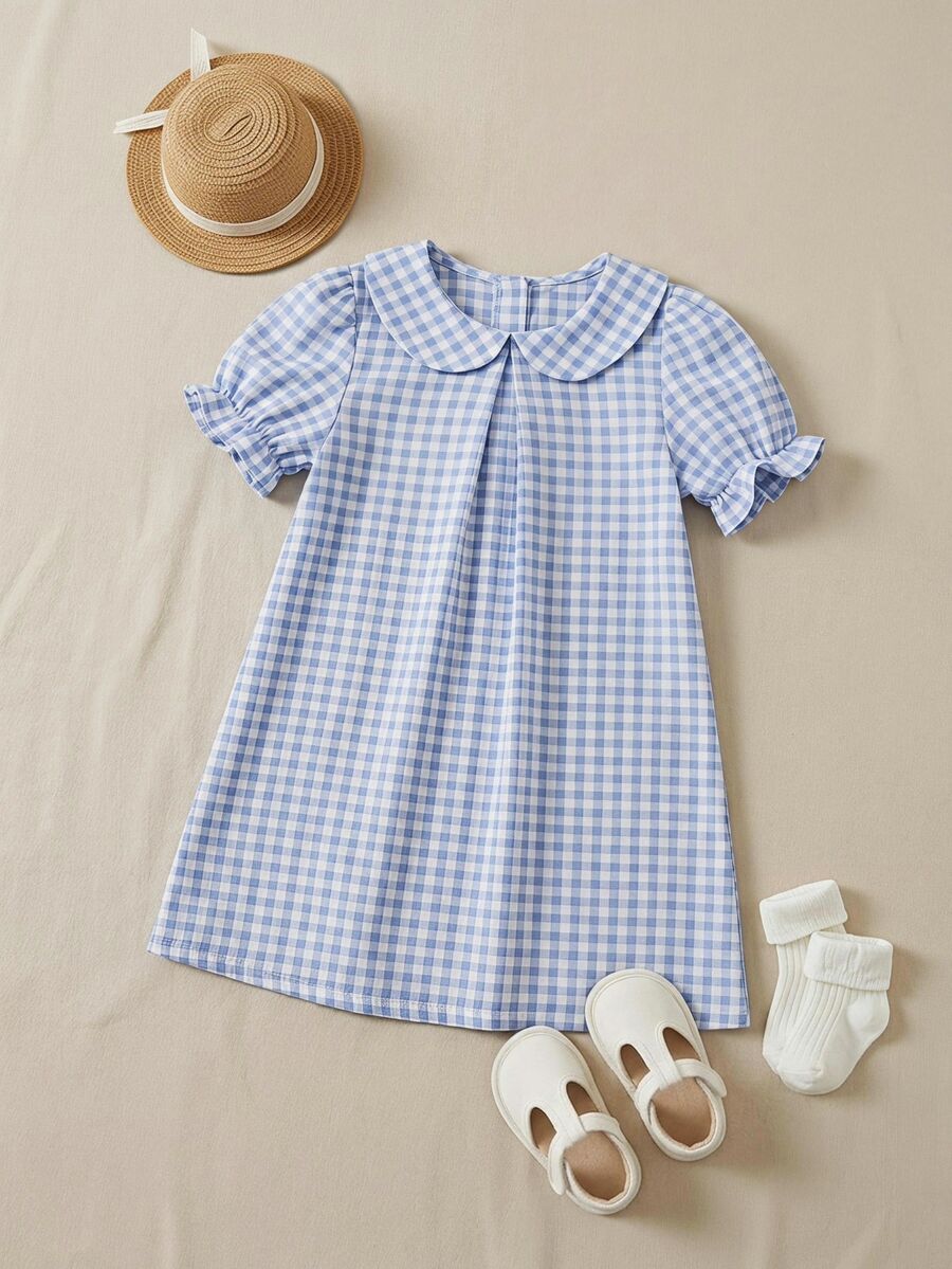 SHEIN 年轻女孩春夏格纹编织领蝴蝶结连衣裙 - 藍白色 - 查看 1