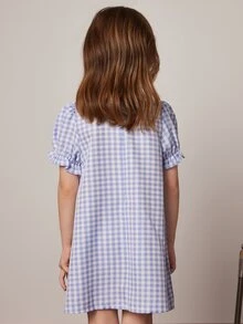 SHEIN 年轻女孩春夏格纹编织领蝴蝶结连衣裙 - 藍白色 - 查看 3