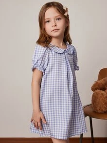SHEIN 年轻女孩春夏格纹编织领蝴蝶结连衣裙 - 藍白色 - 查看 4