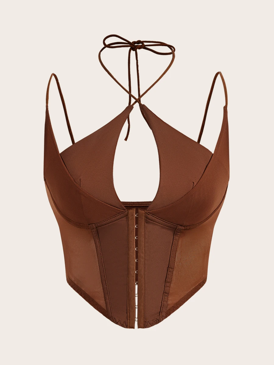 Sweetina White Corset Hook And Eye Front Mesh Insert Cami Top - Brown - View 1