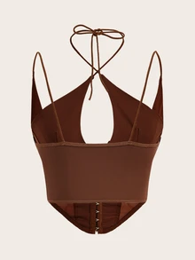 Sweetina White Corset Hook And Eye Front Mesh Insert Cami Top - Brown - View 3