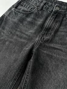 SHEIN جينز دنيم كاجوال نسائي مقاس كبير بخصر عالي وغسيل داكن وأرجل واسعة - أزرق داكن - مشاهدة 5