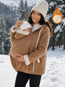 SHEIN Maternity Zipper Placket Hooded Casual 3-In-1 Jacket,Autumn And Winter - Khaki - View 3