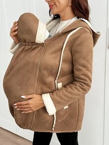 SHEIN Maternity Zipper Placket Hooded Casual 3-In-1 Jacket,Autumn And Winter - Khaki - View 4