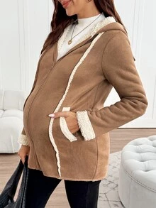 SHEIN Maternity Zipper Placket Hooded Casual 3-In-1 Jacket,Autumn And Winter - Khaki - View 6