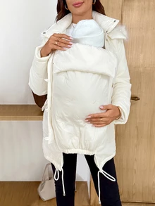 SHEIN Maternity 3-i-1 varm vinterjacka med fjärilsbroderi, enfärgad långärmad jacka med huva och dragkedja - Vitt - Visa 6